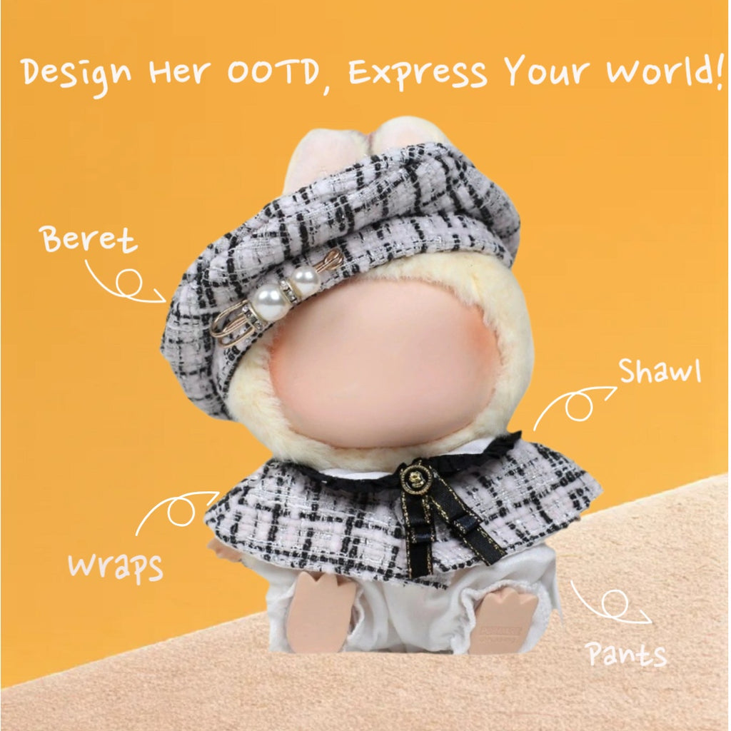 （No Doll)Cute Clothes Set for 17cm Doll – Chic Style Doll Outfit with Beret, Shawl, White Pants，and Bow – Kawaii Doll Clothes Accessories for Collectors & Fans