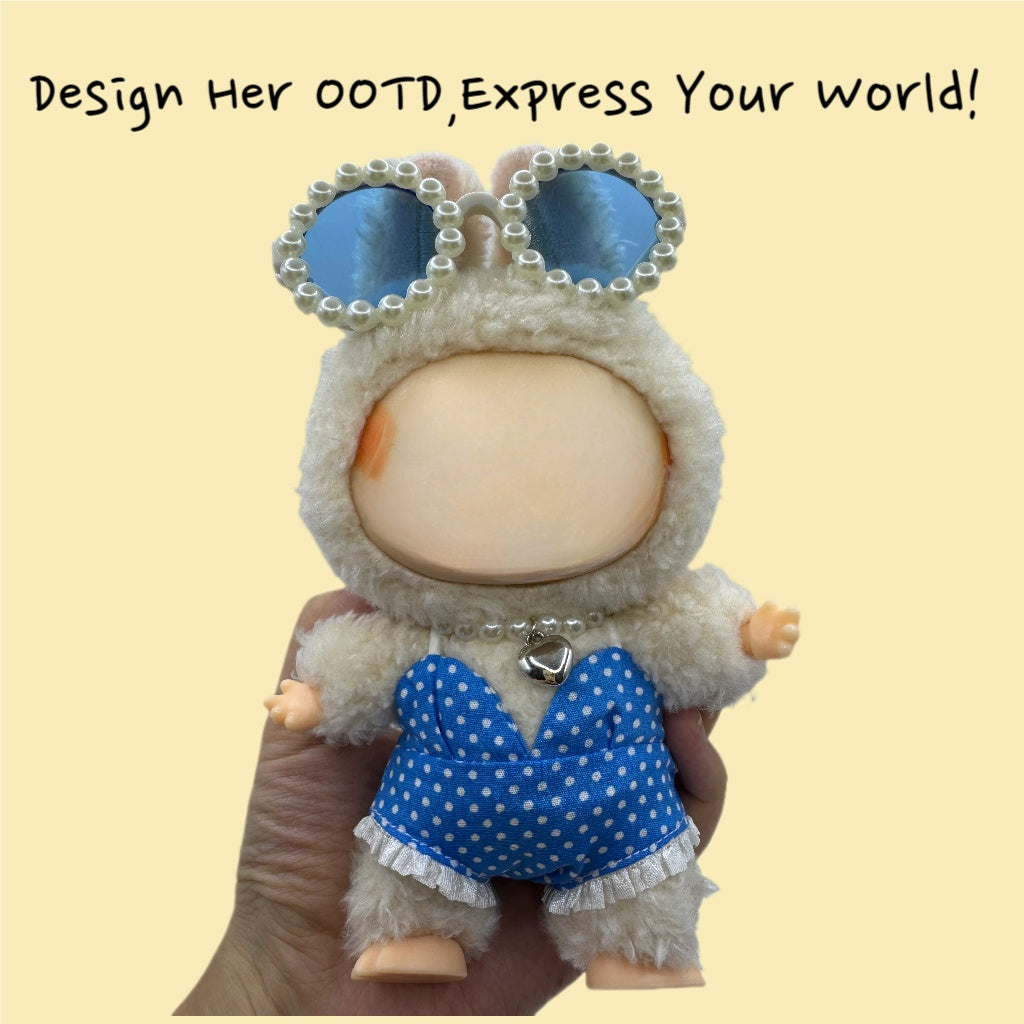 （No Doll)Cute Clothes Set for 17cm Doll – Chic Style Doll Outfit with Sunglasses, Necklace and Float – Kawaii Doll Clothes Accessories for Collectors & Fans