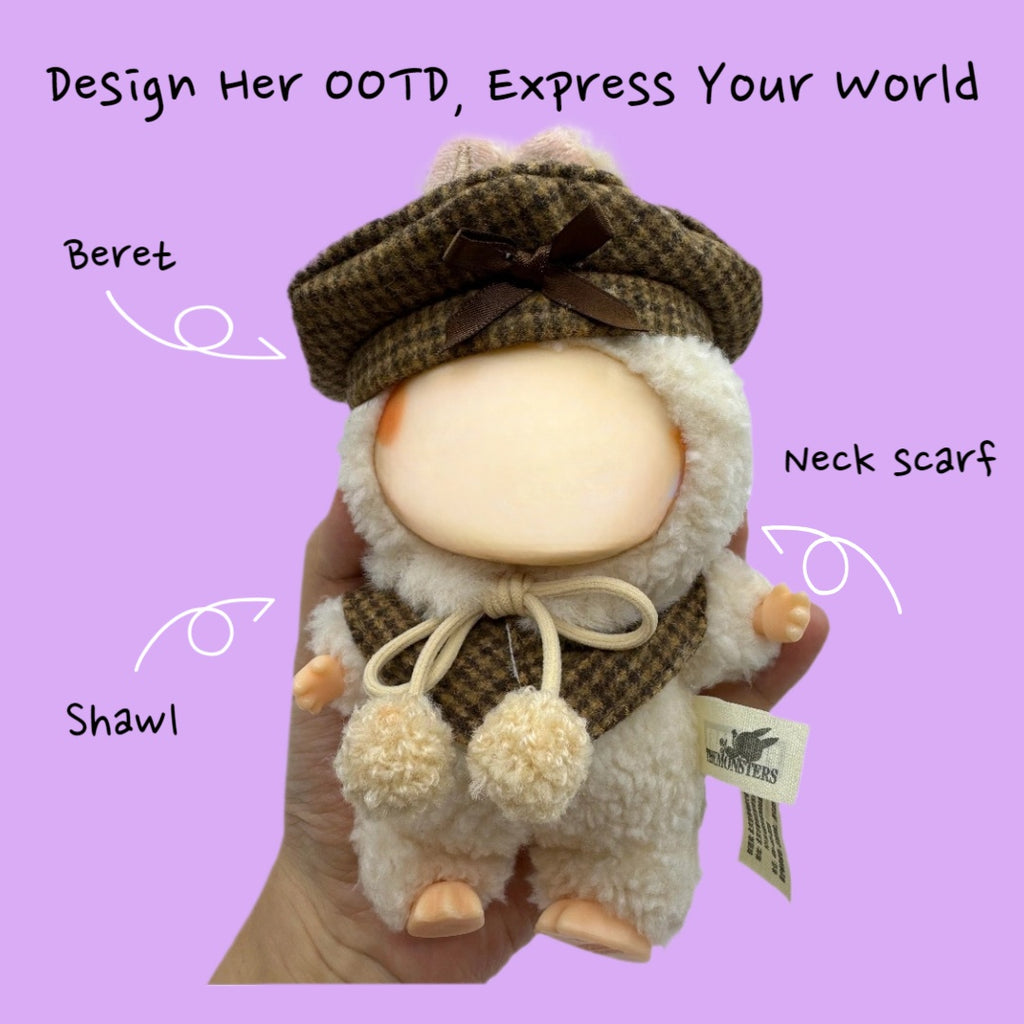 （No Doll)Cute Clothes Set for 17cm Doll – Chic Style Doll Outfit with Beret, Shawl, and Neck scarf – Kawaii Doll Clothes Accessories for Collectors & Fans