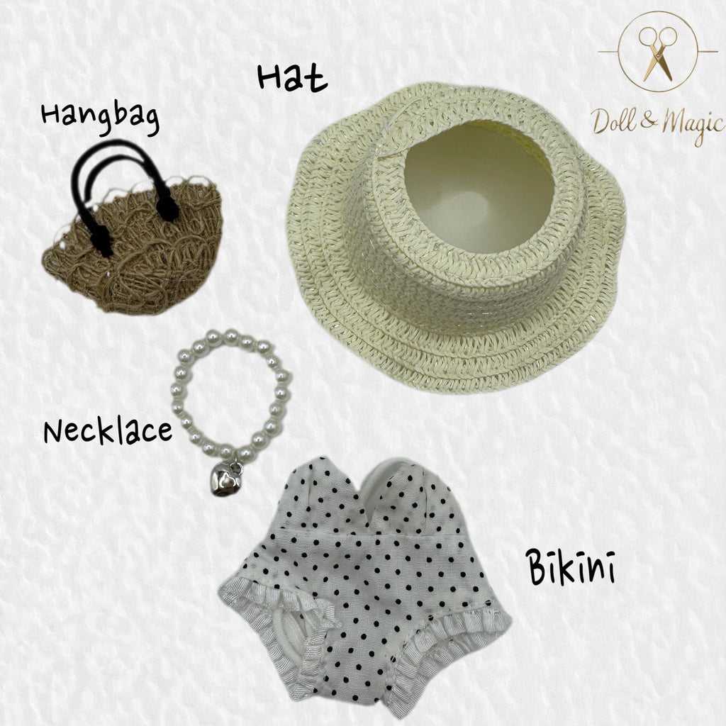 （No Doll)Cute Clothes Set for 17cm Doll – Chic Style Doll Outfit with Hat，Hangbag, Necklace and Bikini – Kawaii Doll Clothes Accessories for Collectors & Fans