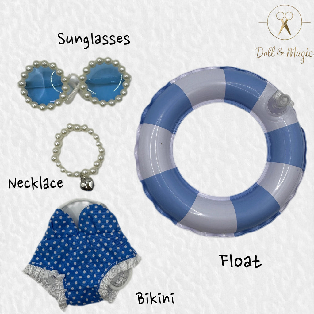 （No Doll)Cute Clothes Set for 17cm Doll – Chic Style Doll Outfit with Sunglasses, Necklace and Float – Kawaii Doll Clothes Accessories for Collectors & Fans