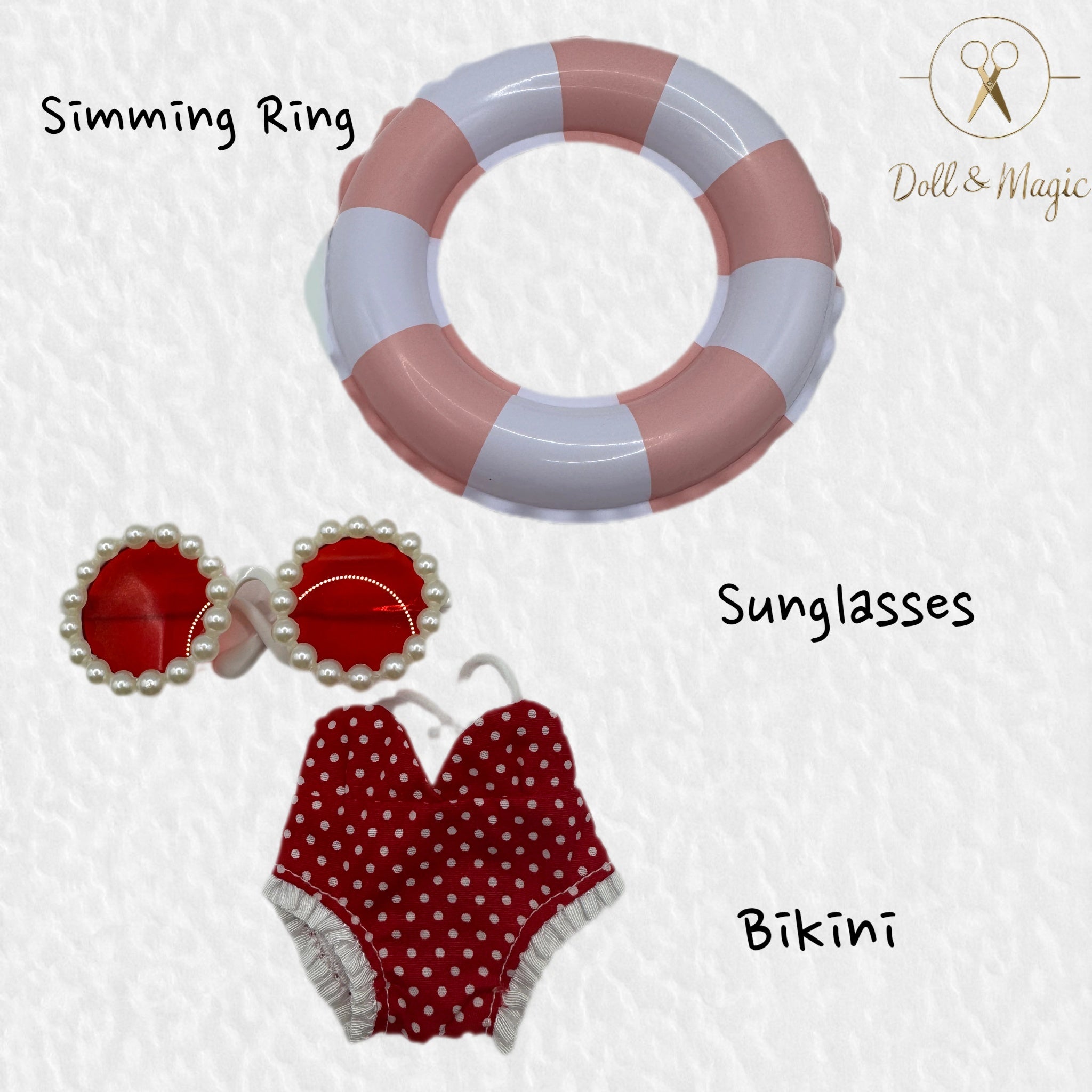 （No Doll)Cute Clothes Set for 17cm Doll – Chic Style Doll Outfit with Swimming Ring，Sunglasses, and Bikini – Kawaii Doll Clothes Accessories for Collectors & Fans