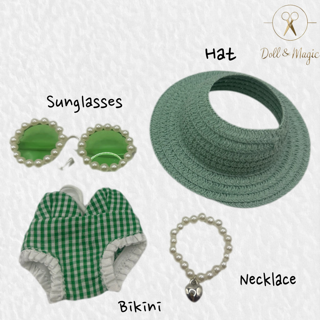 （No Doll)Cute Clothes Set for 17cm Doll – Chic Style Doll Outfit with Hat ,Necklace and Bikini – Kawaii Doll Clothes Accessories for Collectors & Fans