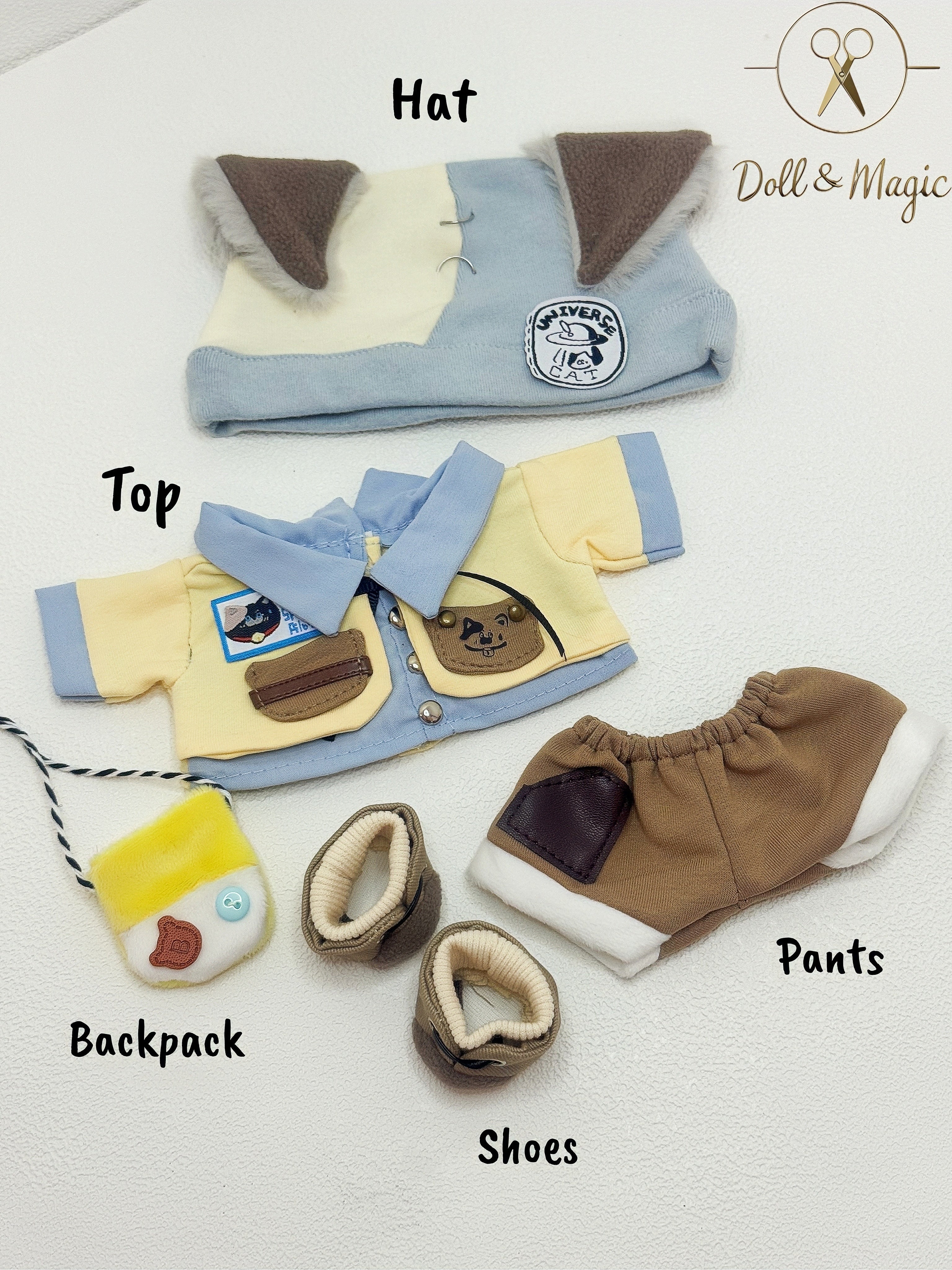 (No Doll)20cm Cotton Doll Clothes 6PCS Set – Kawaii Casual Outfit for Stuffed Animal, DIY Dress Up Costume with Accessories