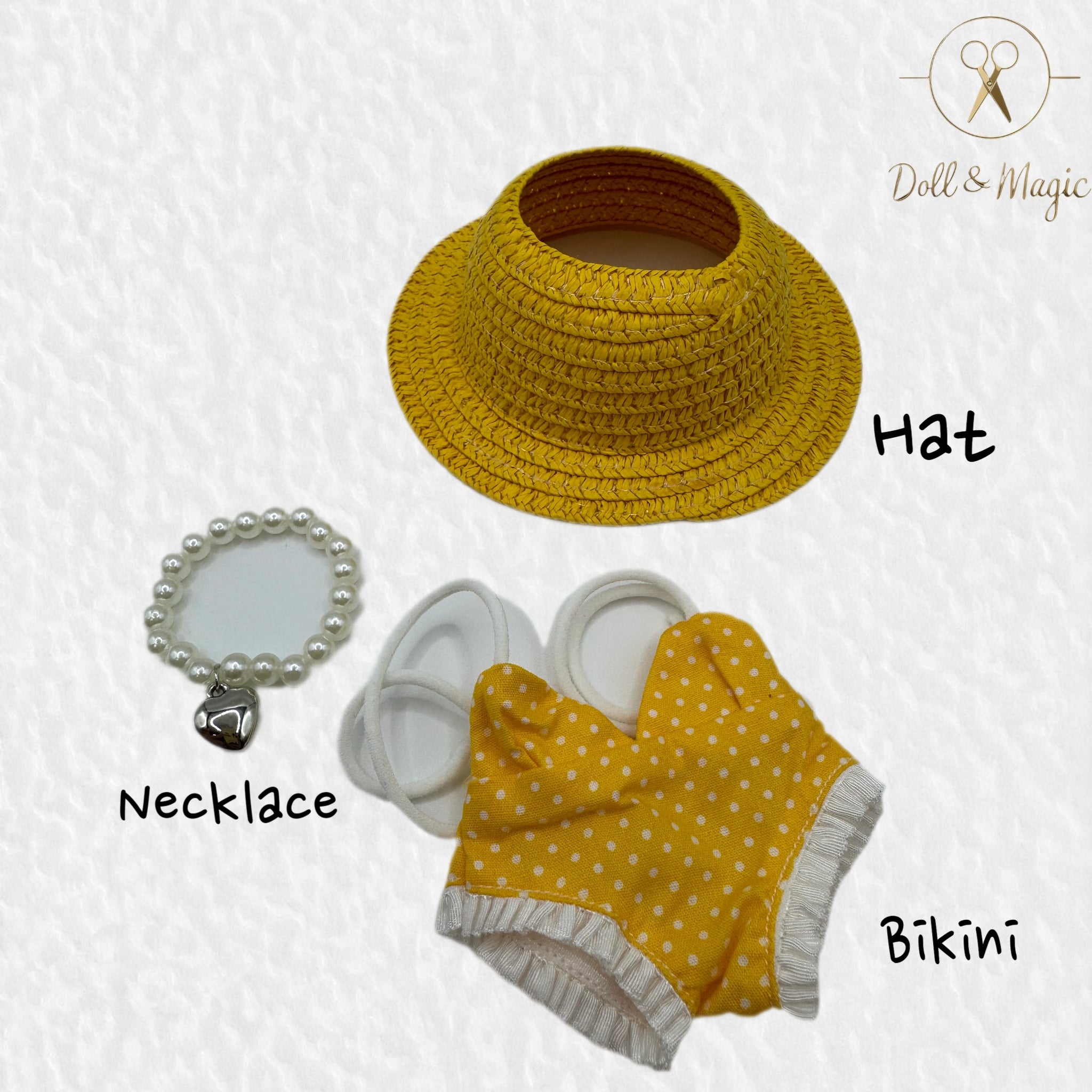 （No Doll)Cute Clothes Set for 17cm Doll – Chic Style Doll Outfit with Hat, Necklace, and Bikini – Kawaii Doll Clothes Accessories for Collectors & Fans