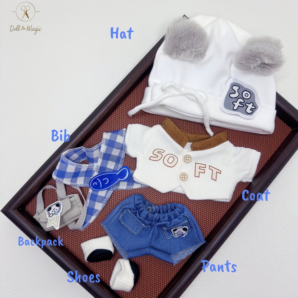 (No Doll)20cm Plush Doll Clothes 6PCS Set – Kawaii Casual Outfit for Stuffed Animal, DIY Dress Up Costume with Accessories