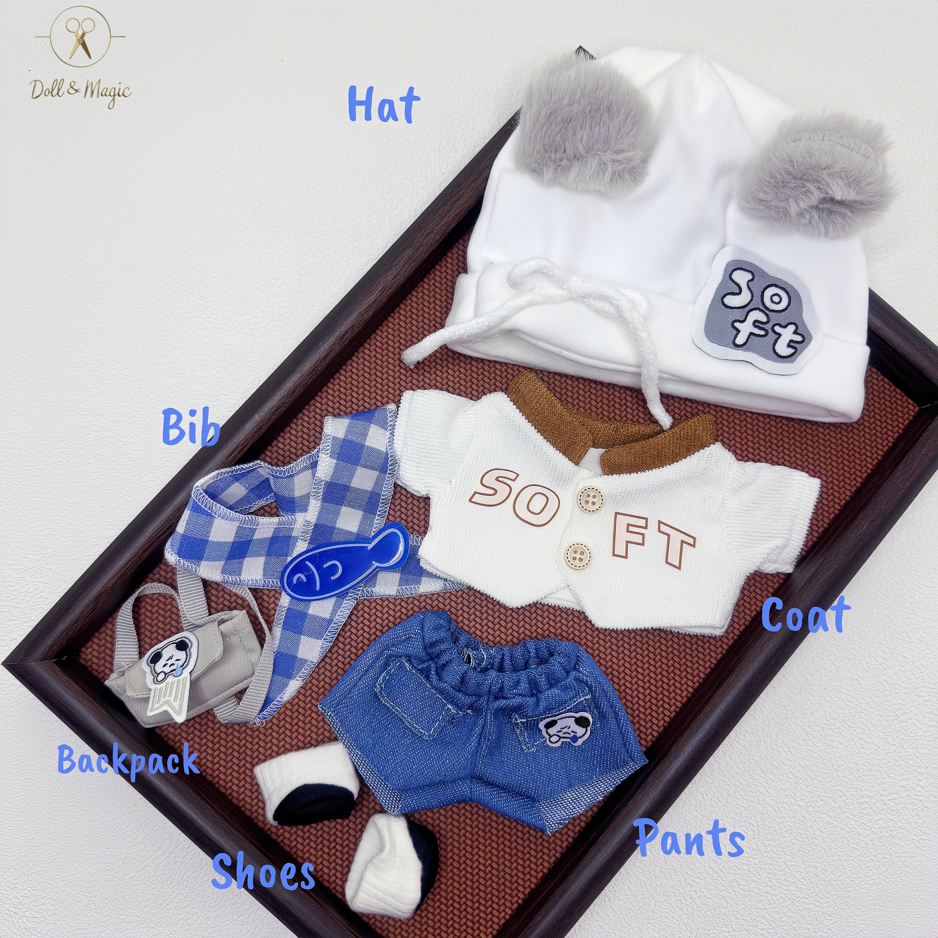 (No Doll)20cm Plush Doll Clothes 6PCS Set – Kawaii Casual Outfit for Stuffed Animal, DIY Dress Up Costume with Accessories