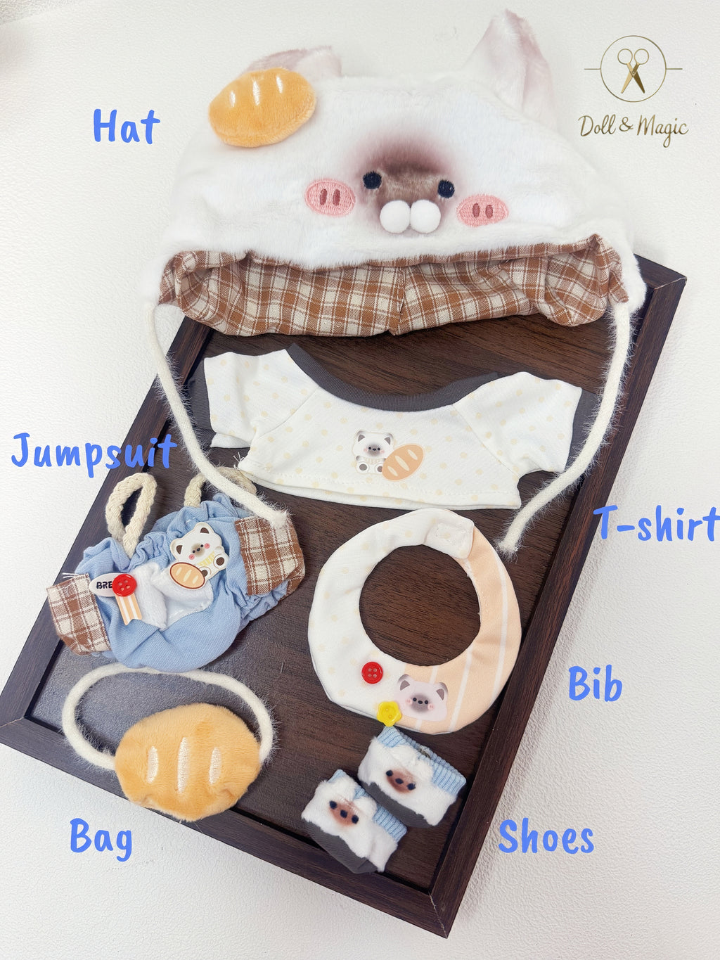 (No Doll)20cm Plush Doll Clothes 6PCS Set – Kawaii Casual Outfit for Stuffed Animal, DIY Dress Up Costume with Accessories