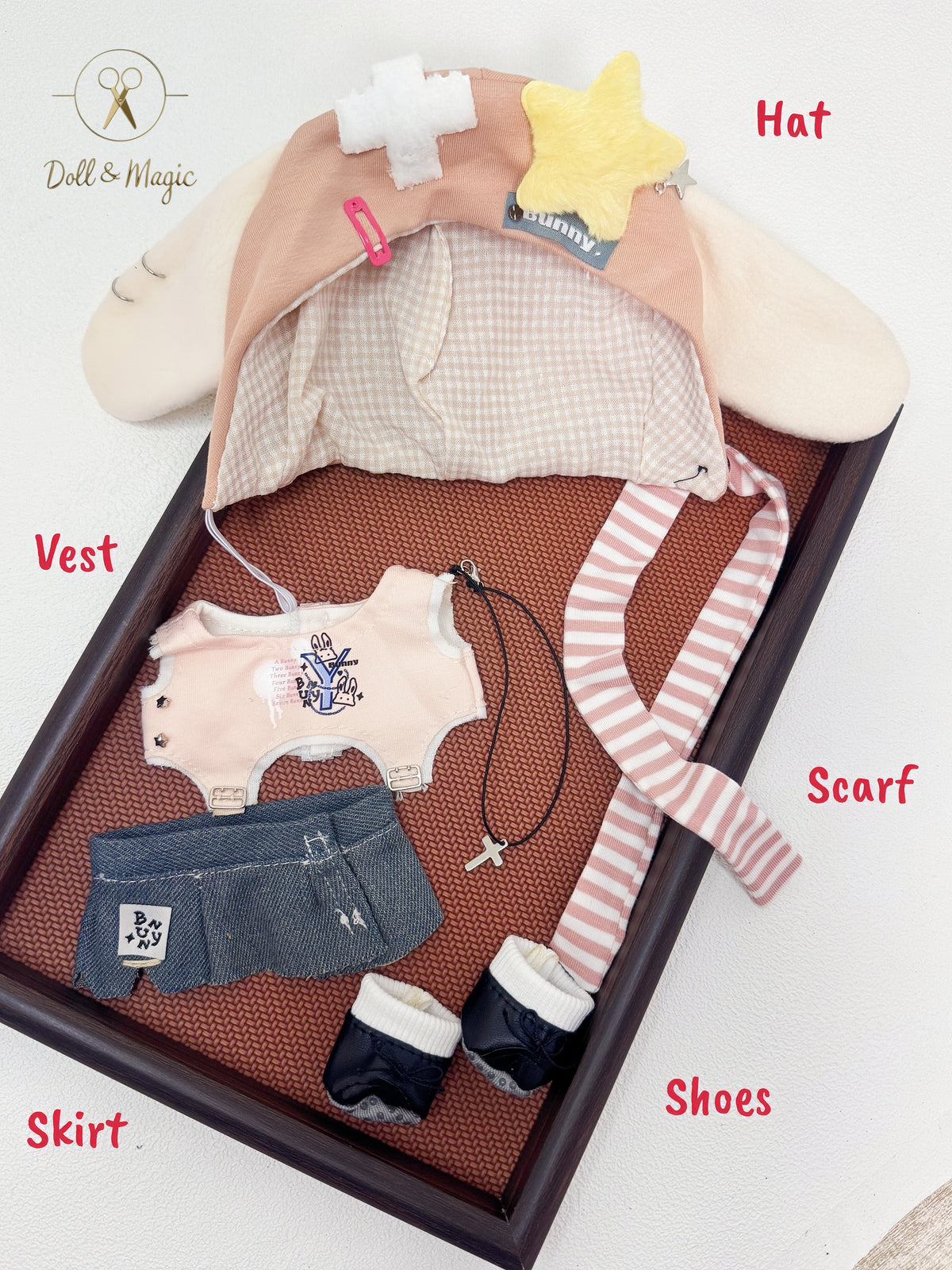 Peachy Bunny 20cm Doll Outfit  5PCS Set – Kawaii Casual Outfit with Accessories, Perfect Gift for Plush Doll Lovers (No Doll)