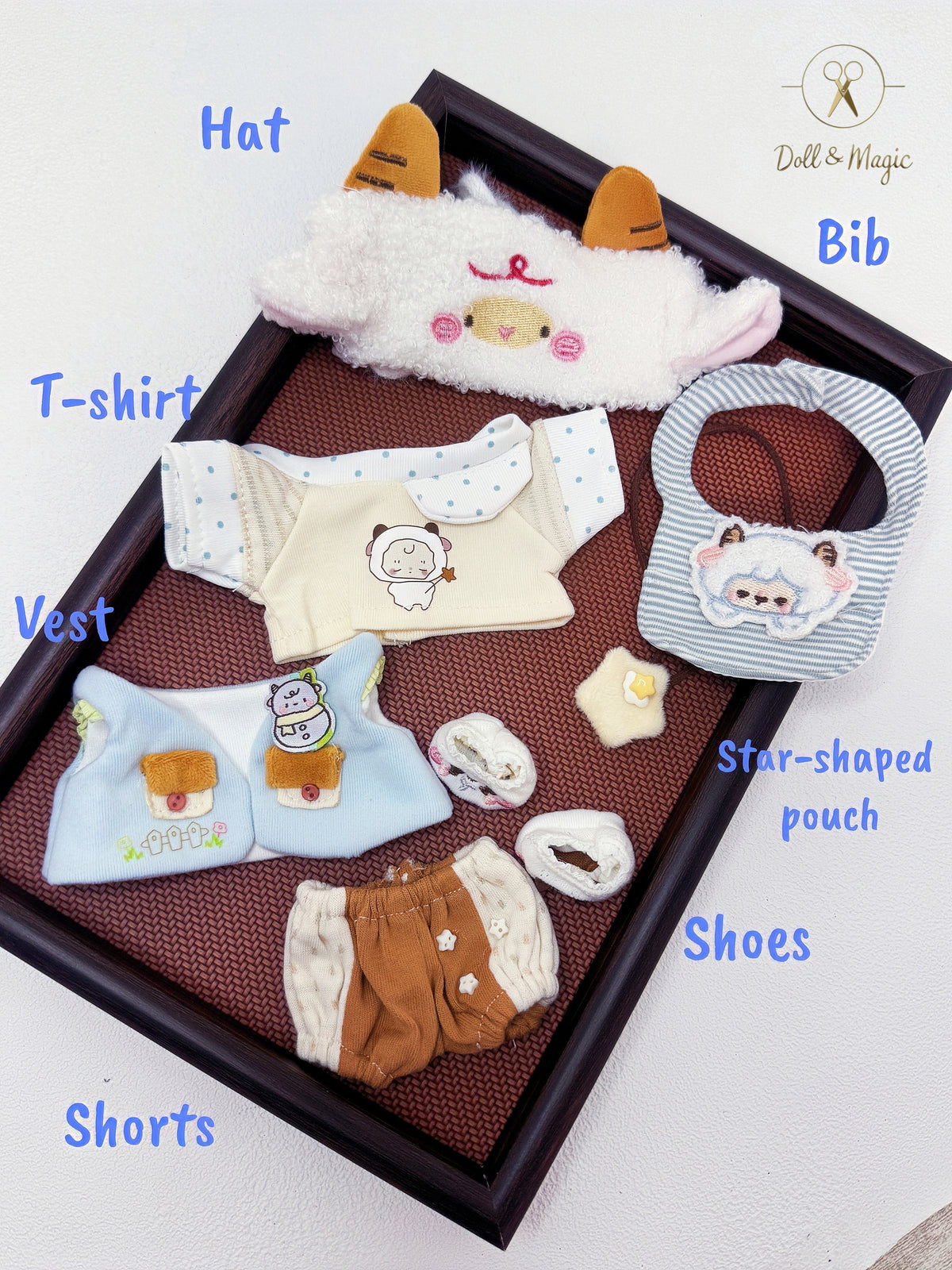 Baa Baa Croissant 20cm Doll Outfit  5PCS Set – Kawaii Casual Outfit with Accessories, Perfect Gift for Plush Doll Lovers (No Doll)
